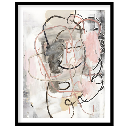 """Tangled Whispers"" presents an abstract composition with a dynamic interplay of gestural lines a… for space