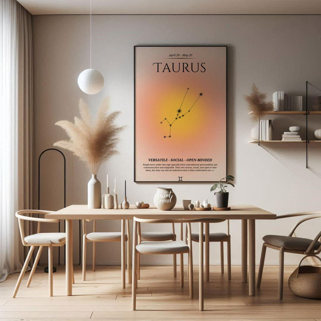 This Taurus zodiac sign poster represents individuals born between April 20 and May 20, featuring a… for dining room