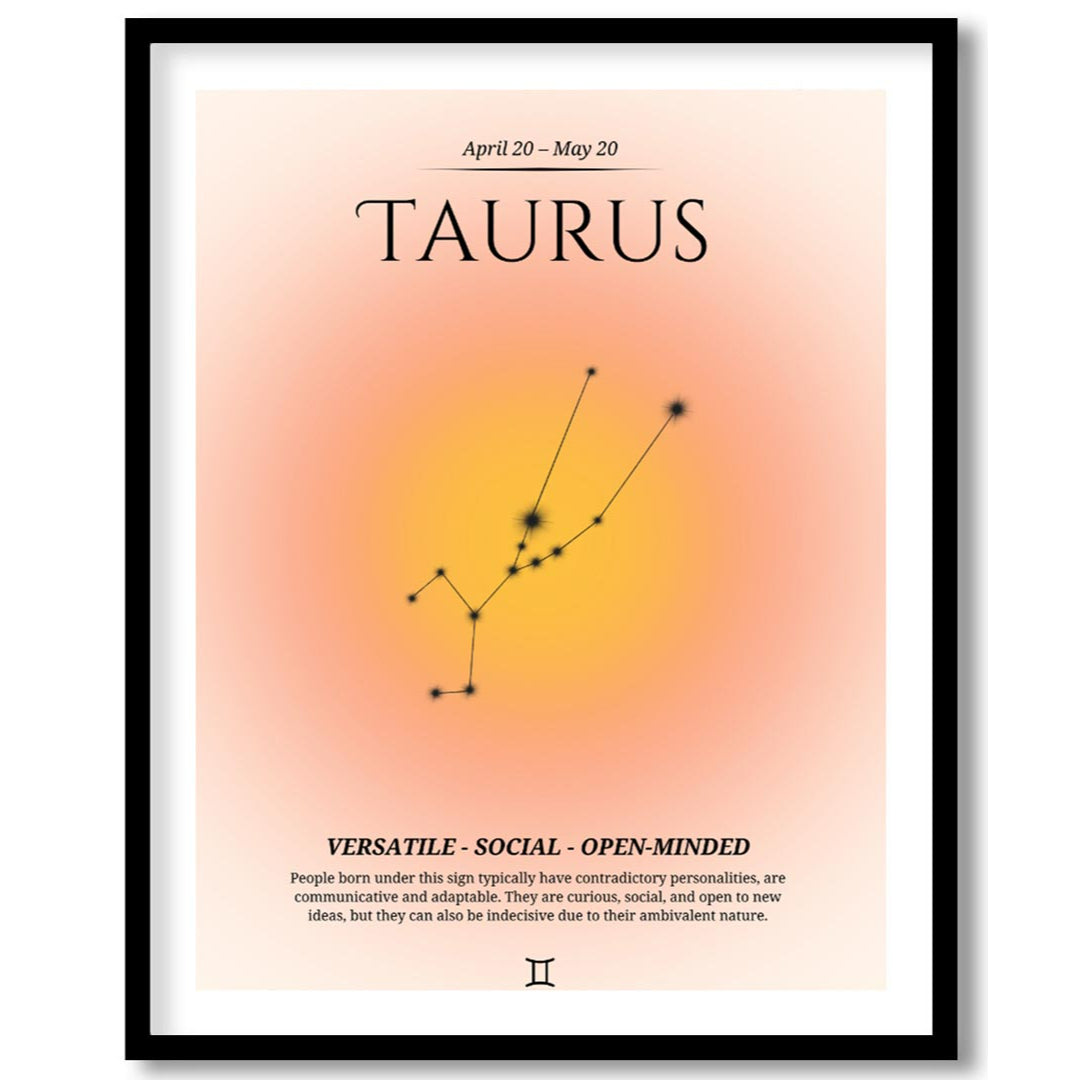 This Taurus zodiac sign poster represents individuals born between April 20 and May 20, featuring a… for home