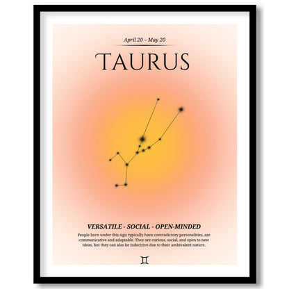 This Taurus zodiac sign poster represents individuals born between April 20 and May 20, featuring a… for home