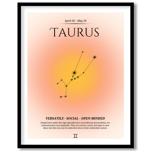 This Taurus zodiac sign poster represents individuals born between April 20 and May 20, featuring a… for home