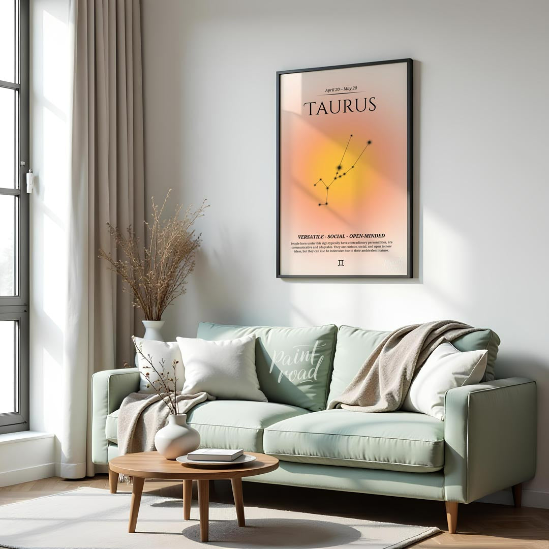 This Taurus zodiac sign poster represents individuals born between April 20 and May 20, featuring a… for living room