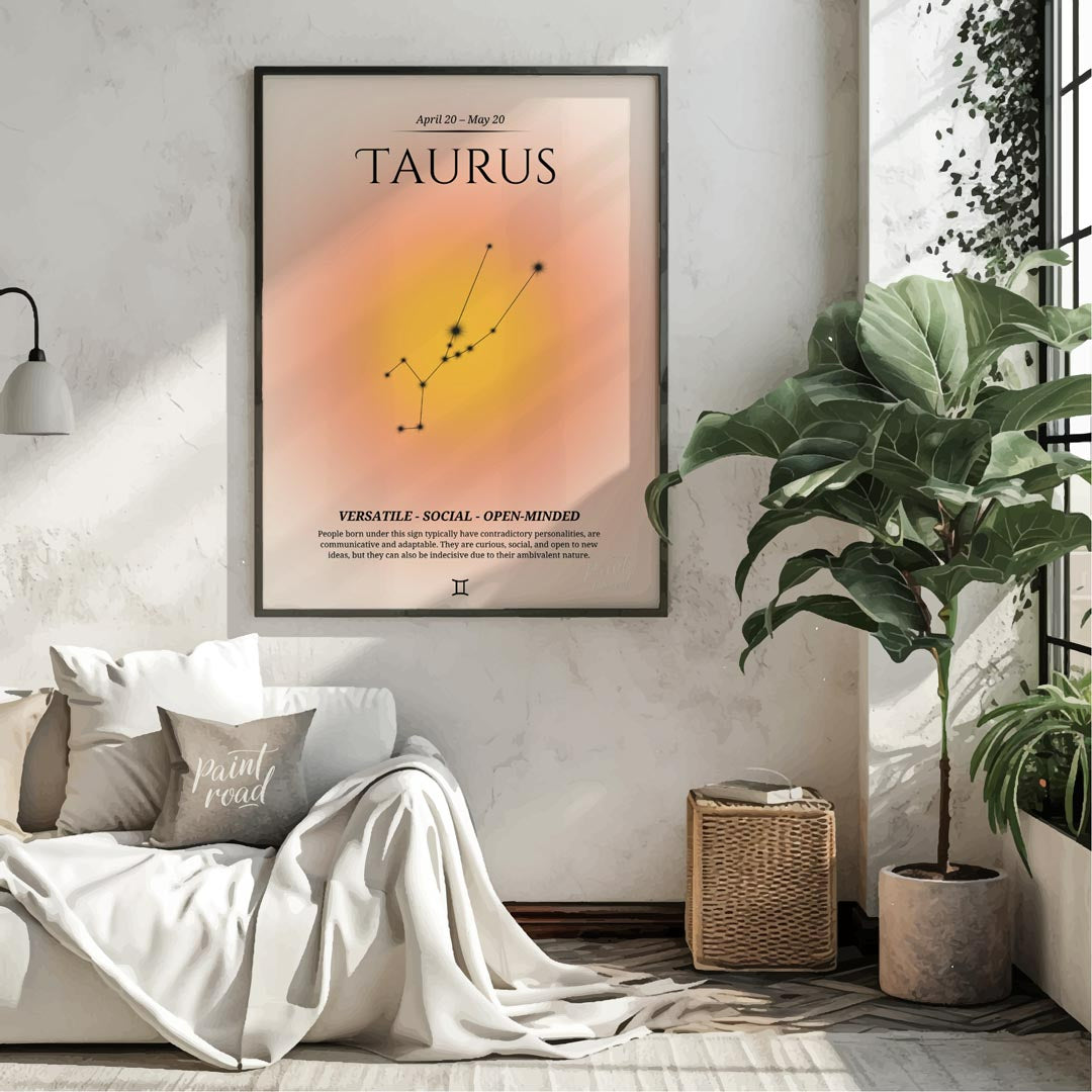This Taurus zodiac sign poster represents individuals born between April 20 and May 20, featuring a… for living room