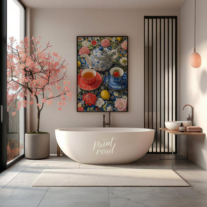 This vibrant still life captures a moment of serene indulgence. A patterned teapot and two delicate… for bathroom