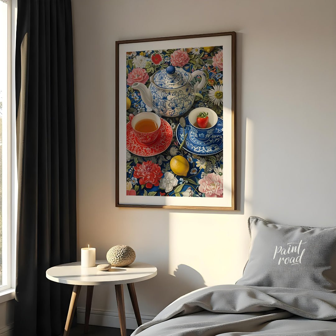 This vibrant still life captures a moment of serene indulgence. A patterned teapot and two delicate… for bedroom