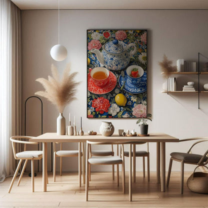 This vibrant still life captures a moment of serene indulgence. A patterned teapot and two delicate… for dining room