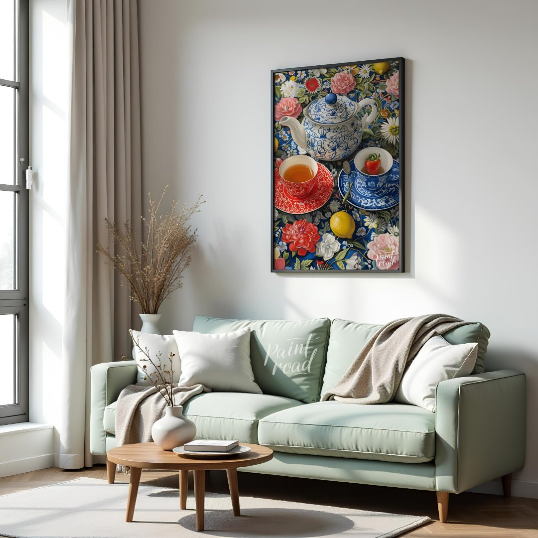 This vibrant still life captures a moment of serene indulgence. A patterned teapot and two delicate… for living room