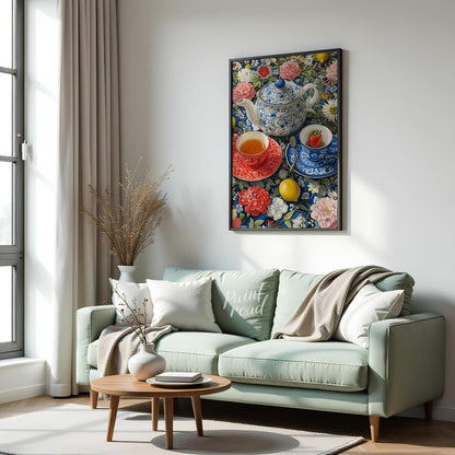 This vibrant still life captures a moment of serene indulgence. A patterned teapot and two delicate… for living room