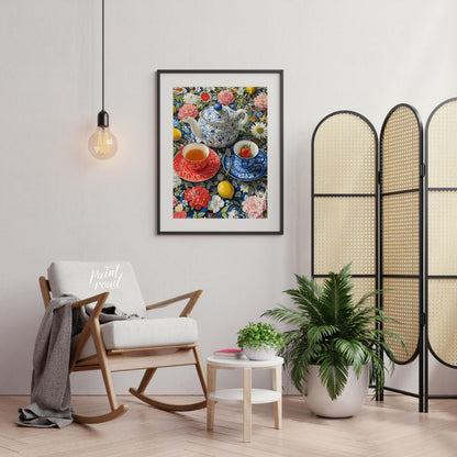This vibrant still life captures a moment of serene indulgence. A patterned teapot and two delicate… for living room