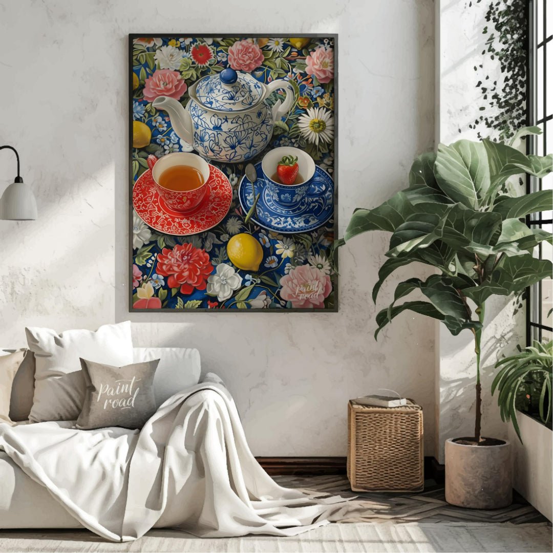 This vibrant still life captures a moment of serene indulgence. A patterned teapot and two delicate… for living room