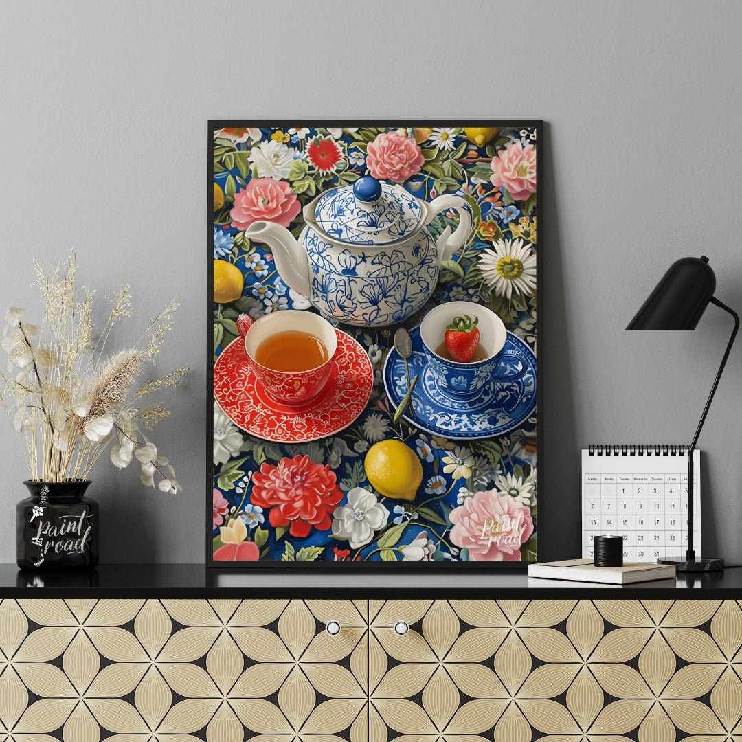 This vibrant still life captures a moment of serene indulgence. A patterned teapot and two delicate… for office