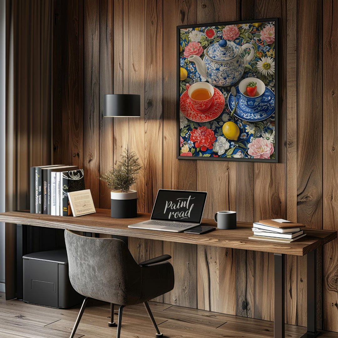 This vibrant still life captures a moment of serene indulgence. A patterned teapot and two delicate… for office