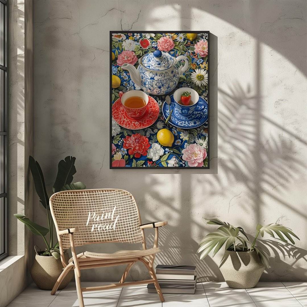 This vibrant still life captures a moment of serene indulgence. A patterned teapot and two delicate… for other