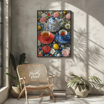 This vibrant still life captures a moment of serene indulgence. A patterned teapot and two delicate… for other