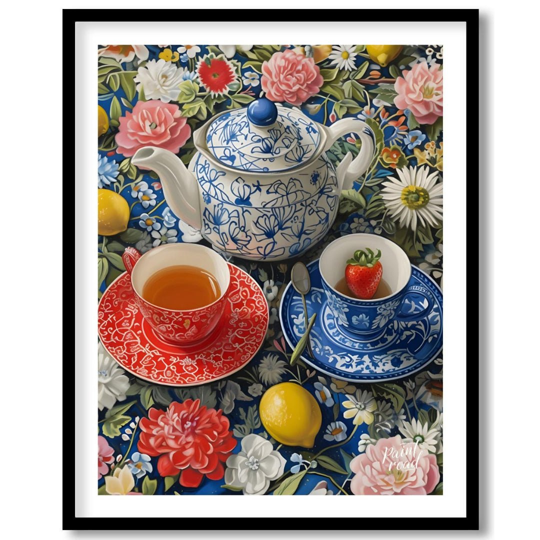 This vibrant still life captures a moment of serene indulgence. A patterned teapot and two delicate… for place