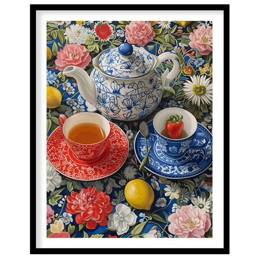 This vibrant still life captures a moment of serene indulgence. A patterned teapot and two delicate… for place