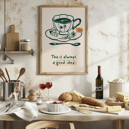 An elegant line art drawing of a teacup on a saucer, accompanied by sugar cubes and a spoon, graces… for kitchen