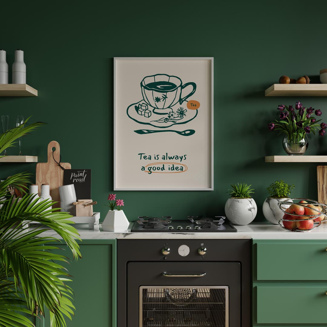 An elegant line art drawing of a teacup on a saucer, accompanied by sugar cubes and a spoon, graces… for kitchen