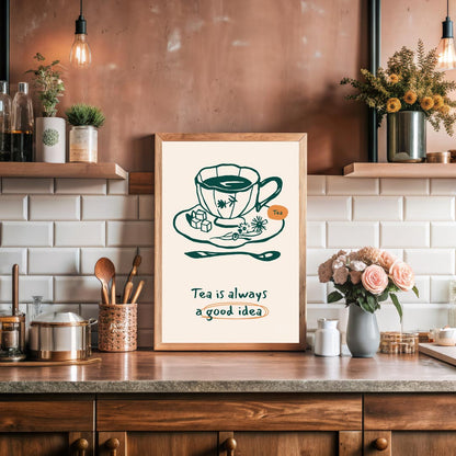 An elegant line art drawing of a teacup on a saucer, accompanied by sugar cubes and a spoon, graces… for kitchen