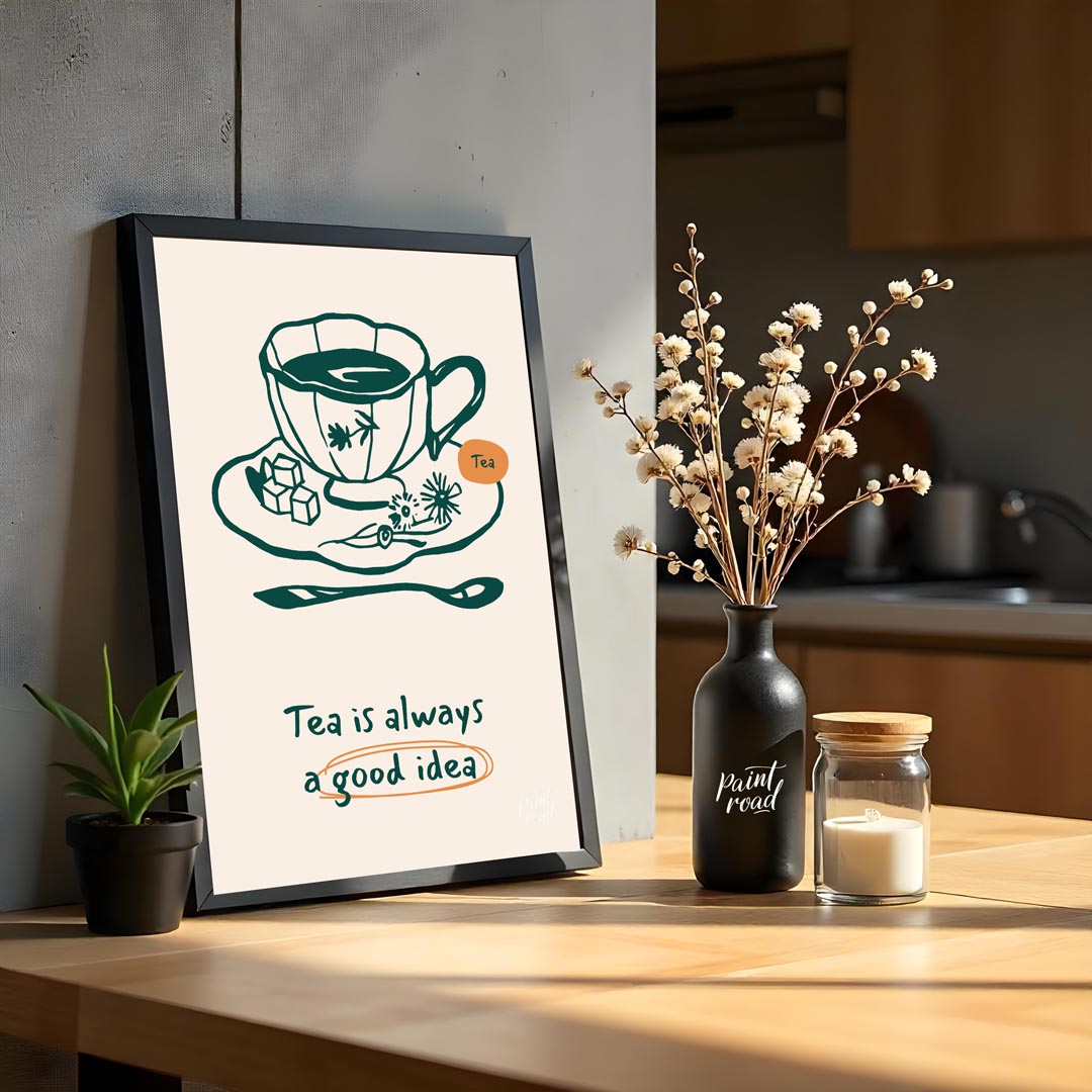 An elegant line art drawing of a teacup on a saucer, accompanied by sugar cubes and a spoon, graces… for kitchen