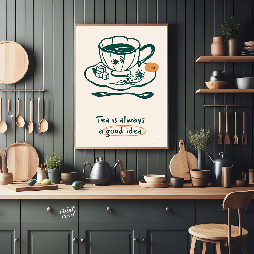 An elegant line art drawing of a teacup on a saucer, accompanied by sugar cubes and a spoon, graces… for kitchen