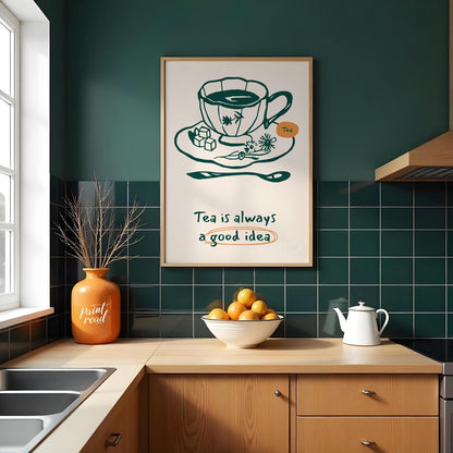 An elegant line art drawing of a teacup on a saucer, accompanied by sugar cubes and a spoon, graces… for kitchen