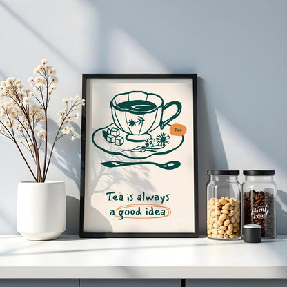 An elegant line art drawing of a teacup on a saucer, accompanied by sugar cubes and a spoon, graces… for kitchen