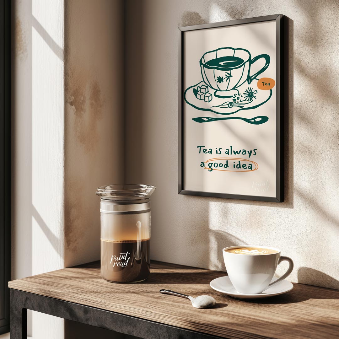 An elegant line art drawing of a teacup on a saucer, accompanied by sugar cubes and a spoon, graces… for kitchen