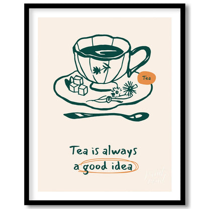 An elegant line art drawing of a teacup on a saucer, accompanied by sugar cubes and a spoon, graces… for space