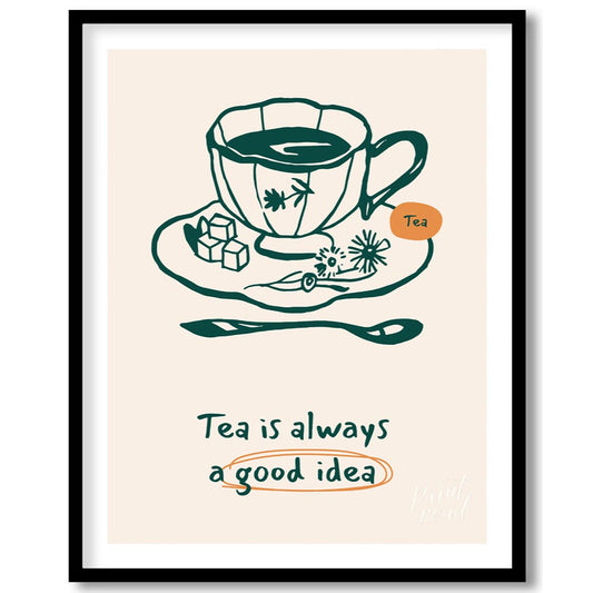 An elegant line art drawing of a teacup on a saucer, accompanied by sugar cubes and a spoon, graces… for space