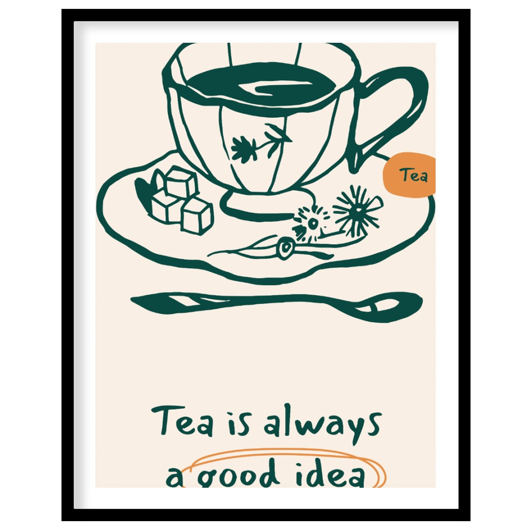 An elegant line art drawing of a teacup on a saucer, accompanied by sugar cubes and a spoon, graces… for space