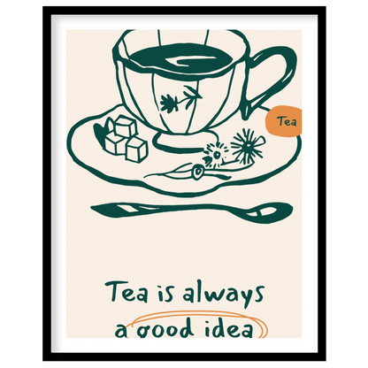 An elegant line art drawing of a teacup on a saucer, accompanied by sugar cubes and a spoon, graces… for space