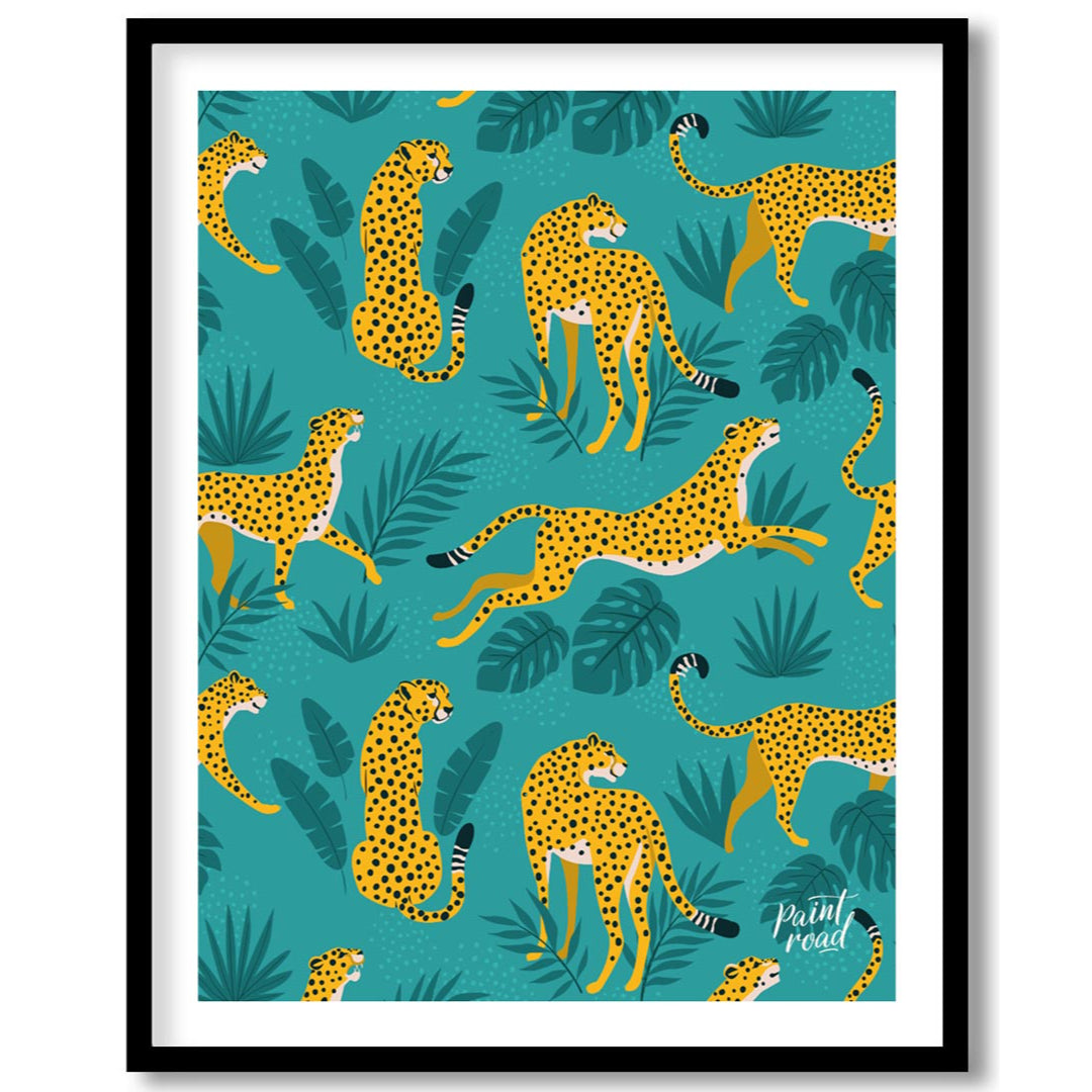 This vibrant and energetic artwork presents a seamless pattern of stylized leopards interspersed wi… for area