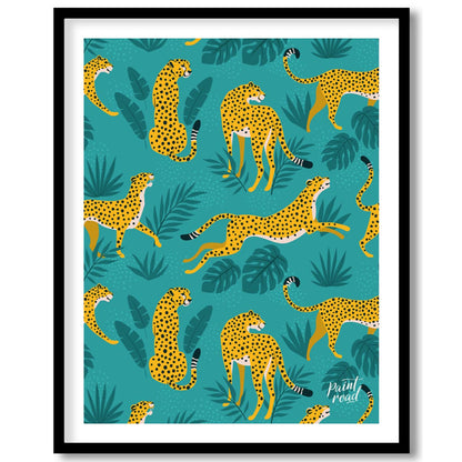 This vibrant and energetic artwork presents a seamless pattern of stylized leopards interspersed wi… for area