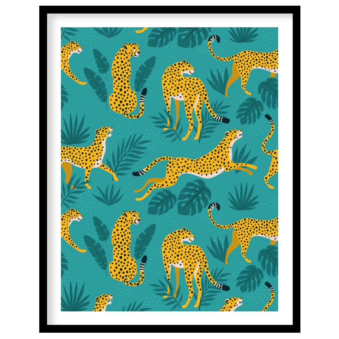 This vibrant and energetic artwork presents a seamless pattern of stylized leopards interspersed wi… for area