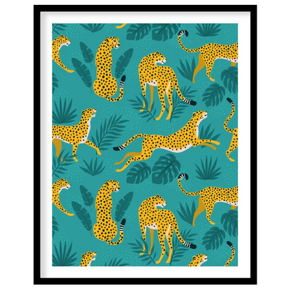 This vibrant and energetic artwork presents a seamless pattern of stylized leopards interspersed wi… for area