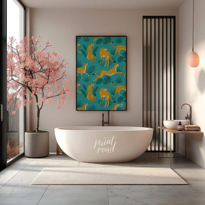 This vibrant and energetic artwork presents a seamless pattern of stylized leopards interspersed wi… for bathroom