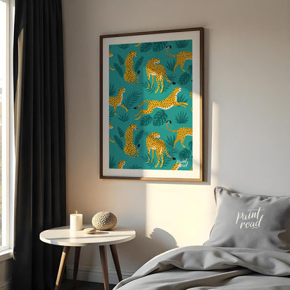 This vibrant and energetic artwork presents a seamless pattern of stylized leopards interspersed wi… for bedroom