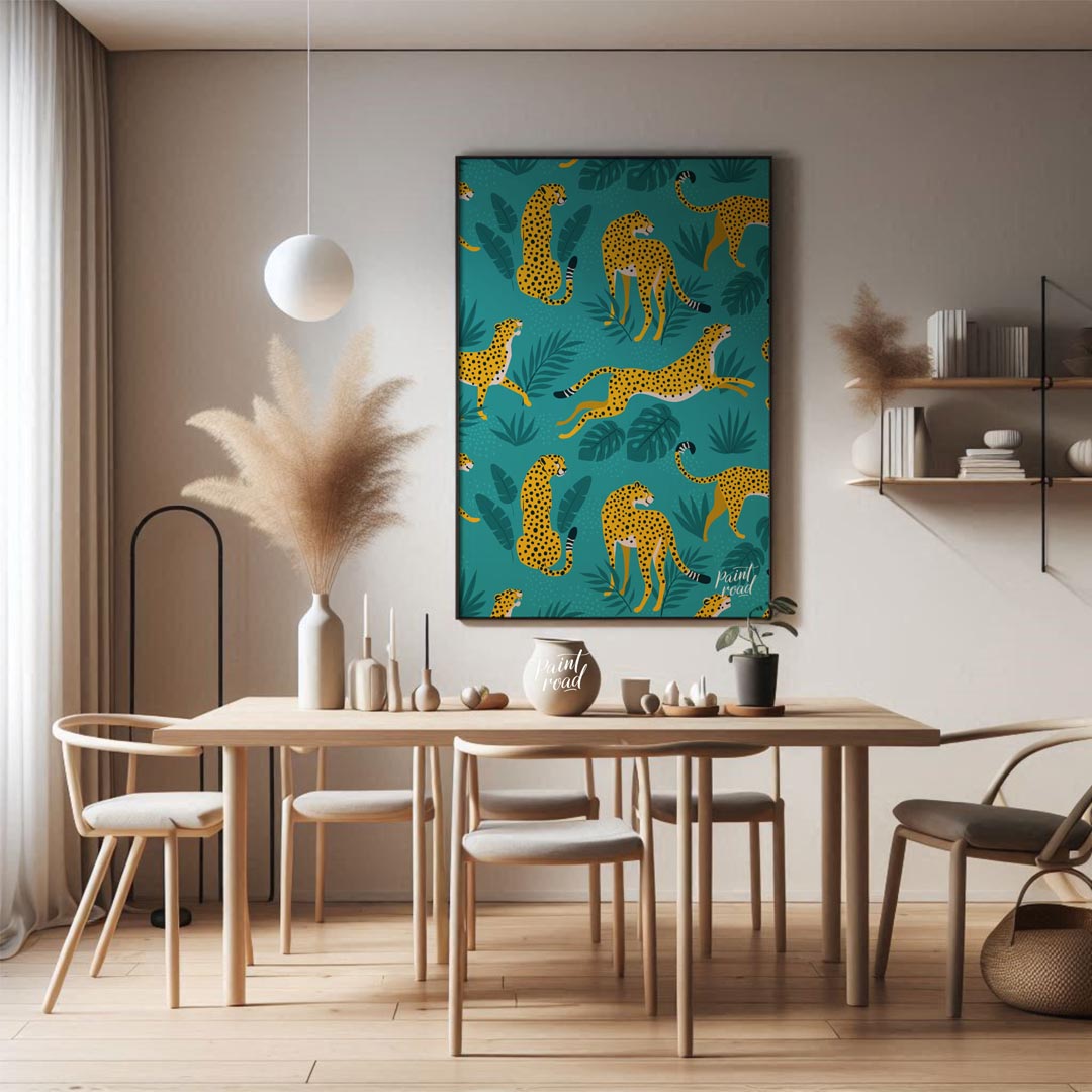 This vibrant and energetic artwork presents a seamless pattern of stylized leopards interspersed wi… for dining room