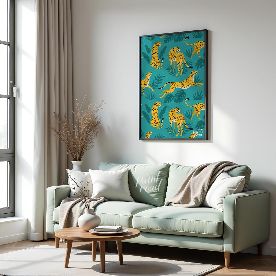 This vibrant and energetic artwork presents a seamless pattern of stylized leopards interspersed wi… for living room