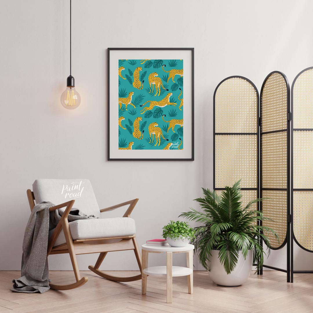This vibrant and energetic artwork presents a seamless pattern of stylized leopards interspersed wi… for living room