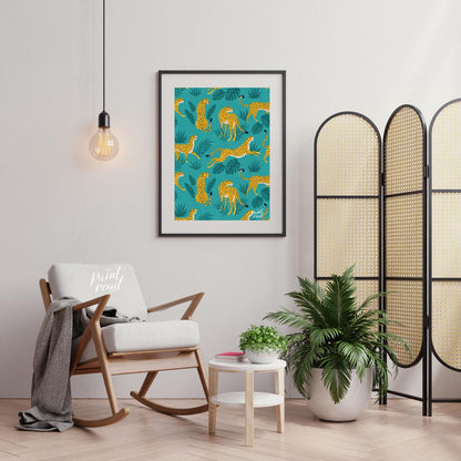 This vibrant and energetic artwork presents a seamless pattern of stylized leopards interspersed wi… for living room