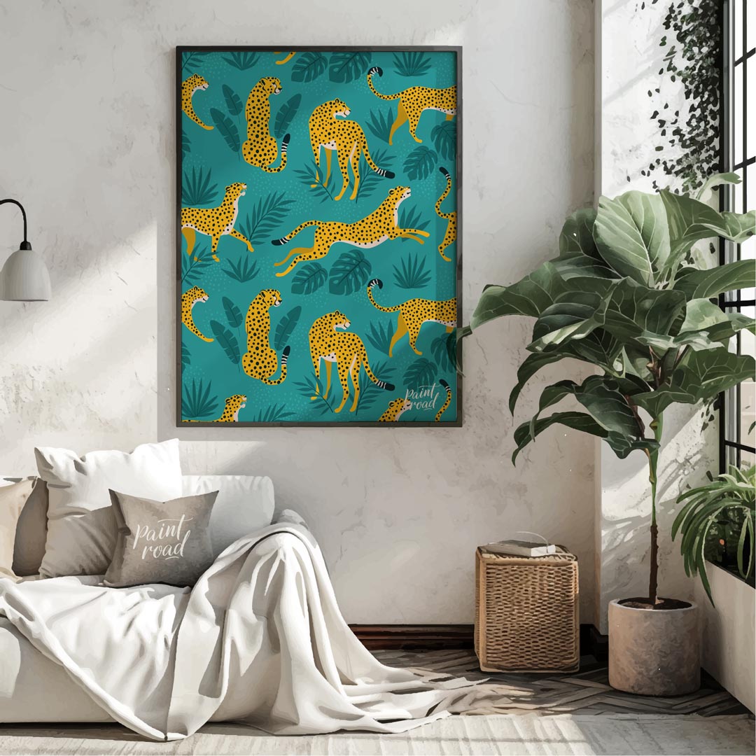 This vibrant and energetic artwork presents a seamless pattern of stylized leopards interspersed wi… for living room