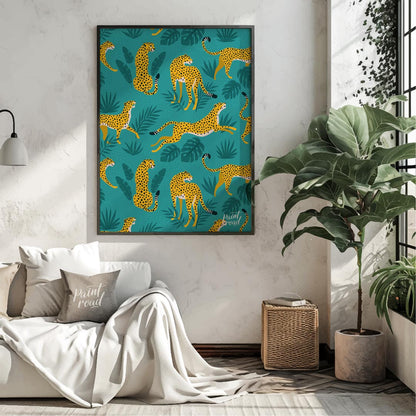 This vibrant and energetic artwork presents a seamless pattern of stylized leopards interspersed wi… for living room