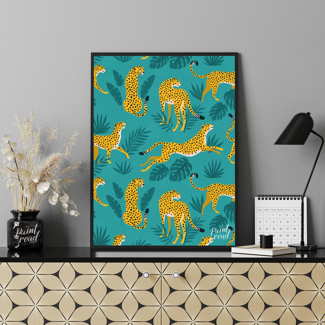 This vibrant and energetic artwork presents a seamless pattern of stylized leopards interspersed wi… for office