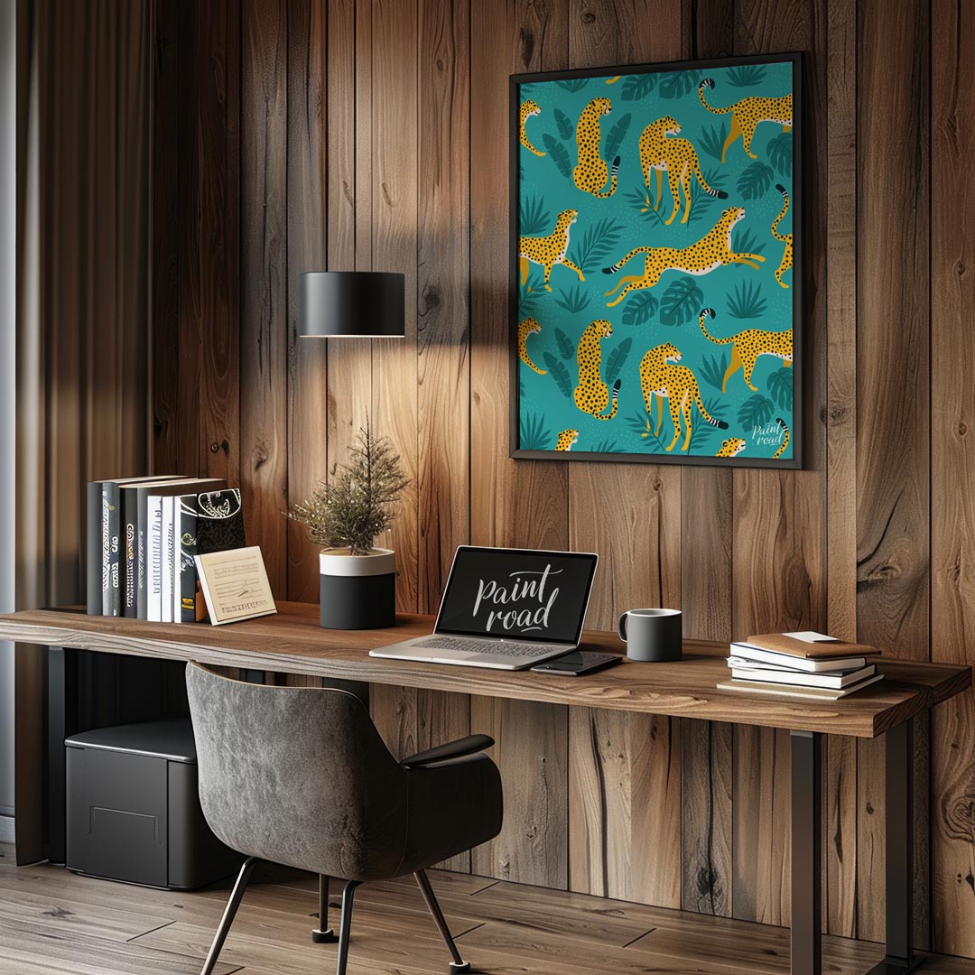 This vibrant and energetic artwork presents a seamless pattern of stylized leopards interspersed wi… for office