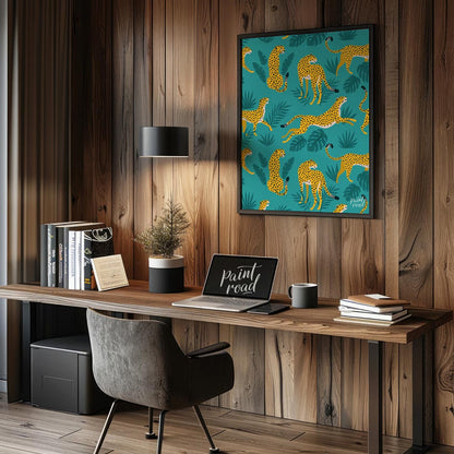 This vibrant and energetic artwork presents a seamless pattern of stylized leopards interspersed wi… for office