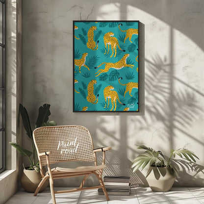 This vibrant and energetic artwork presents a seamless pattern of stylized leopards interspersed wi… for other