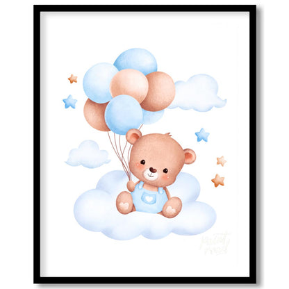 This enchanting artwork features an adorable teddy bear sitting calmly on a fluffy cloud, cradling … for abode