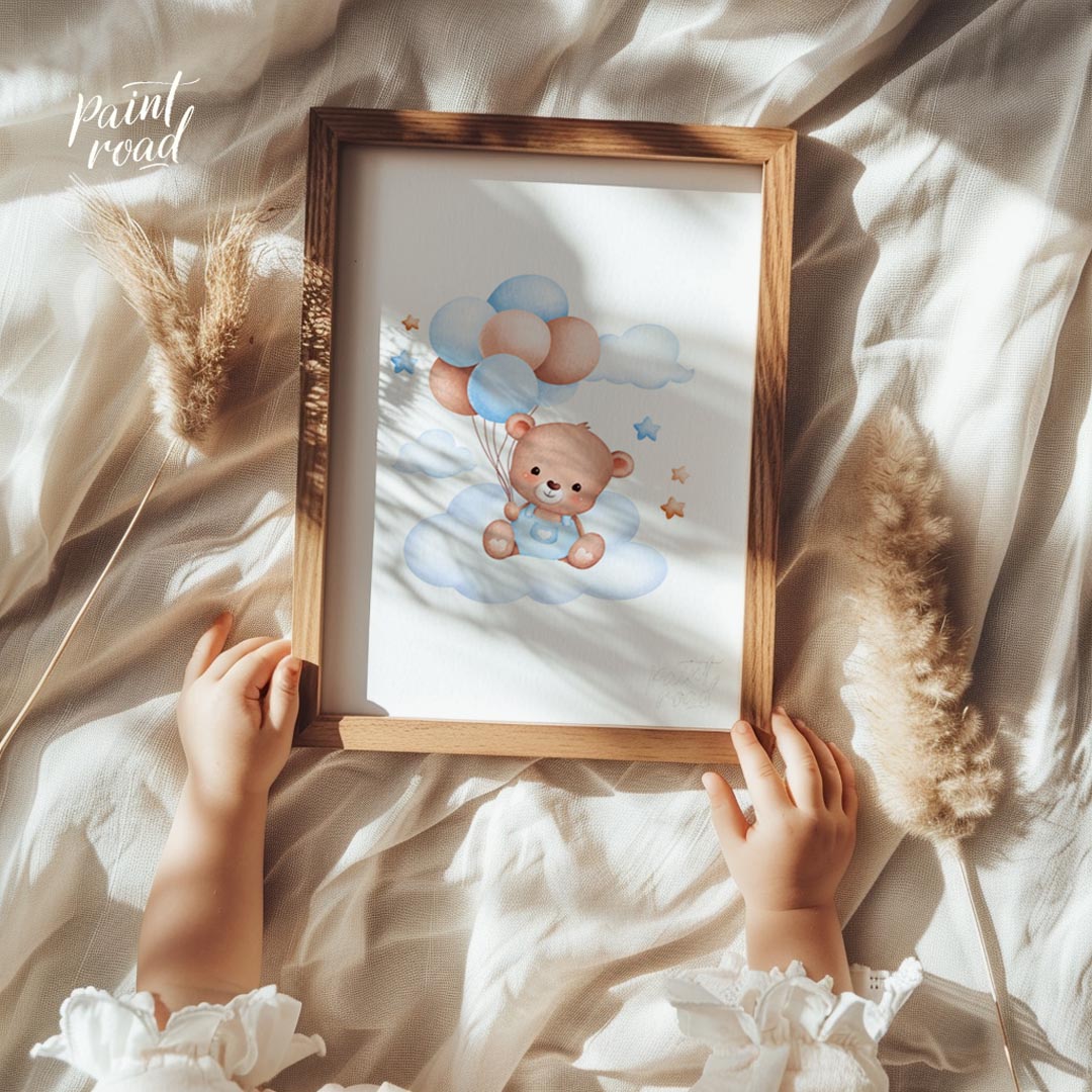 This enchanting artwork features an adorable teddy bear sitting calmly on a fluffy cloud, cradling … for nursery